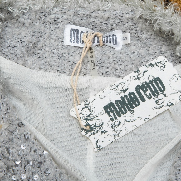 Soft light gray fringe trimmed fuzzy cardigan sweater with sequins by Monoreno S - Picture 8 of 9